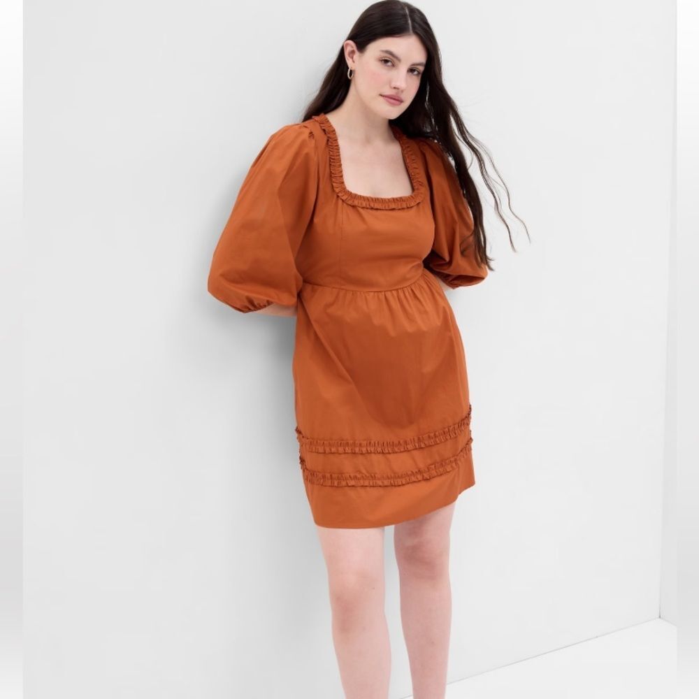 GAP Rusty Brown Puff Sleeve Ruffle Neck Mini Dress - Size 10